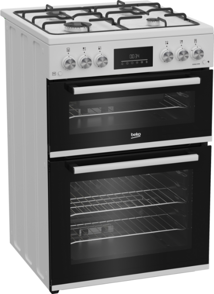 Beko EDG6231W 60cm Twin Cavity Gas Cooker with Enamel Hob - White_angled view