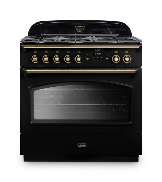Rangemaster 128320 Classic FX 90 Dual Fuel Range Cooker in Black with Brass Trim - CLAS90FXDFFBL/B