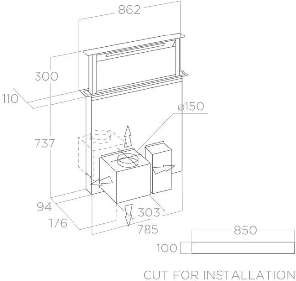 Elica GETUP-BLK Get Up 90cm Cooker Hood in Matt Black_dimensions