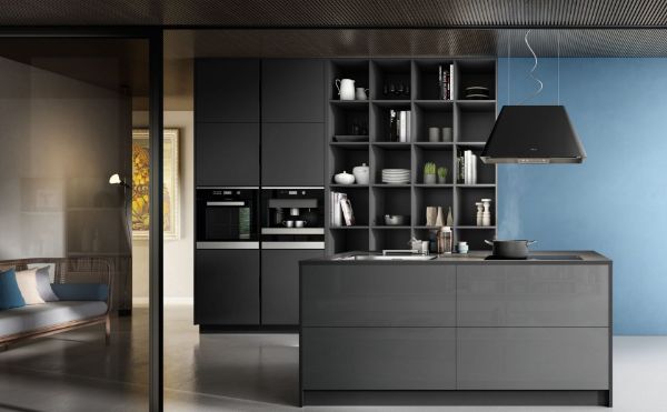 Elica IKONA-LIGHT-BLK 60cm Wide Ceiling Mounted Cooker Hood in Black_kitchen view