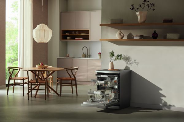 Miele G7600 SC CLST Freestanding Full Size Dishwasher with AutoDos - CleanSteel_room view open door