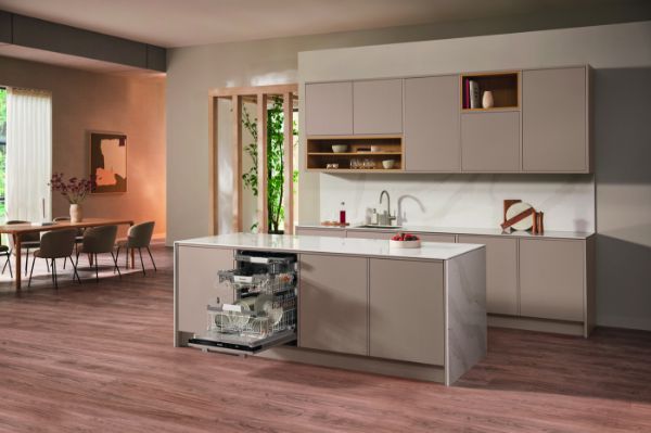 Miele G7650 SCVi Full Size Integrated Dishwasher with AutoDos and PowerDisk_room view dishwasher open