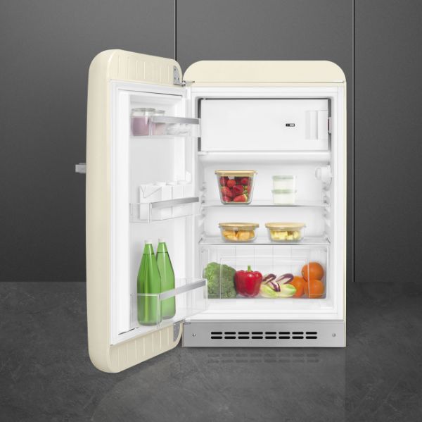 Smeg FAB10LCR6 55cm 50s Style Fridge Freezer Minibar Left Hand Hinge In Cream_open