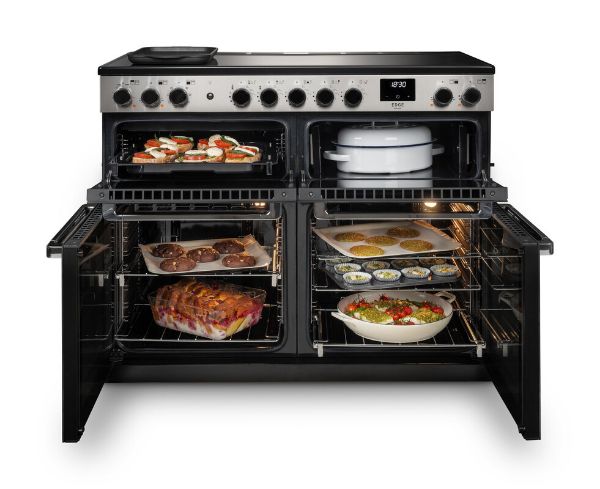 Rangemaster 15828 Edge Deluxe 110cm Dual Fuel Range Cooker in Black Glass with Chrome Trim - EDDLB110DFGBLK/CM1_doors open