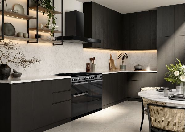 Rangemaster 15828 Edge Deluxe 110cm Dual Fuel Range Cooker in Black Glass with Chrome Trim - EDDLB110DFGBLK/CM1_kitchen view