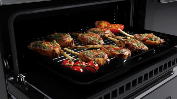 Rangemaster 15828 Edge Deluxe 110cm Dual Fuel Range Cooker in Black Glass with Chrome Trim - EDDLB110DFGBLK/CM1_oven