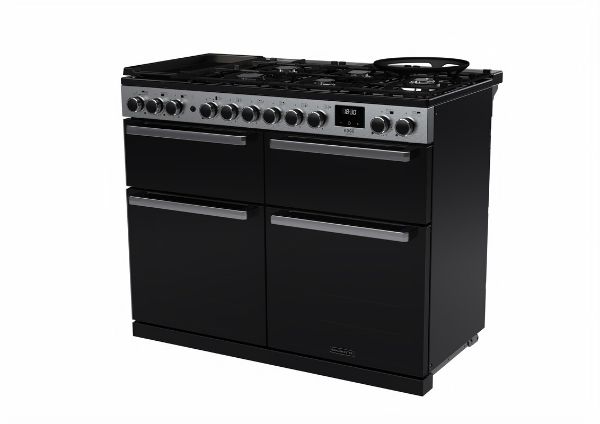 Rangemaster 15828 Edge Deluxe 110cm Dual Fuel Range Cooker in Black Glass with Chrome Trim - EDDLB110DFGBLK/CM1_angled view