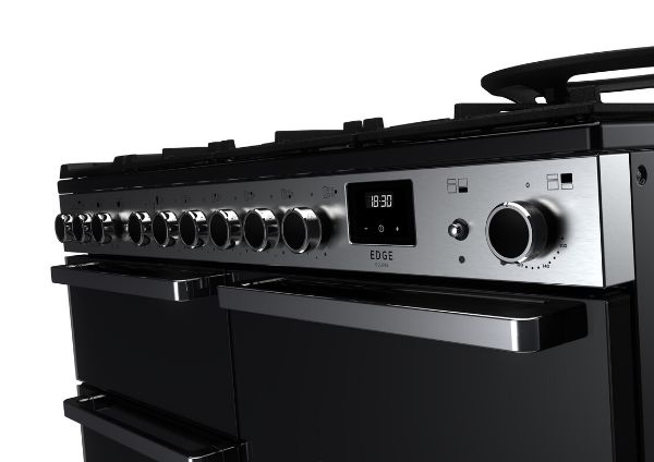 Rangemaster 15816 Edge Deluxe 110 Dual Fuel Range Cooker in Black Glass with Chrome Trim - EDDLO110DFGBLK/CM1_controls