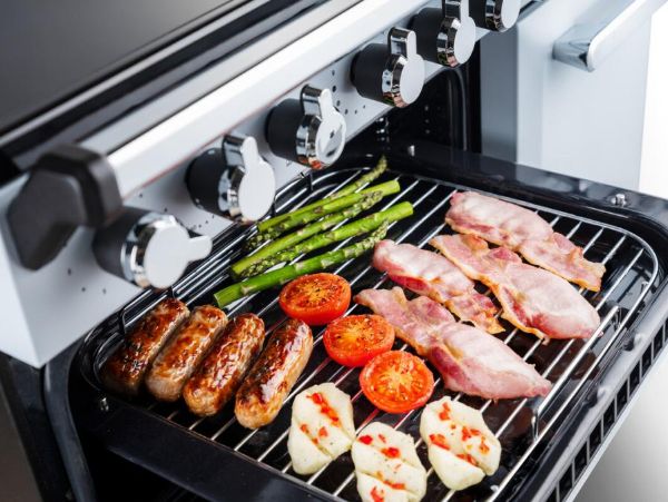Rangemaster 18147 Estel Deluxe 110 Dual Fuel Range Cooker in Bordeaux with Antique Brass Trim - ESDLB110DFPBOR/AB1_grill