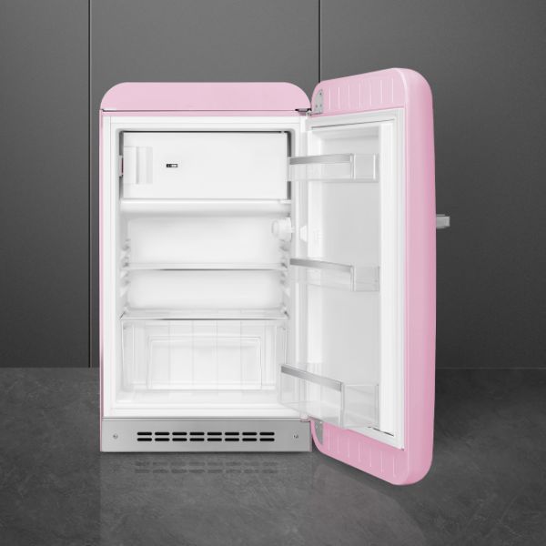 Smeg FAB10RPK6 55cm 50s Style Fridge Freezer Minibar Right Hand Hinge In Pink_open
