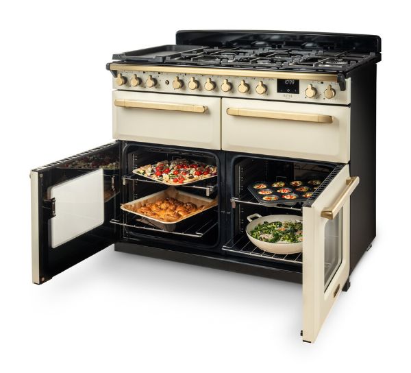 Rangemaster 18148 Estel Deluxe 110 Dual Fuel Range Cooker in Misty Blue with Antique Brass Trim - ESDLB110DFPMSB/AB1_ovens