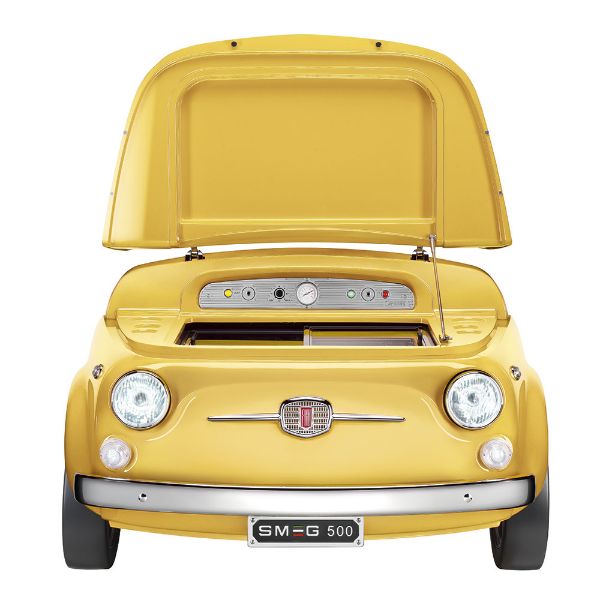 Smeg SMEG500G 50s Retro style FIAT 500 Refrigerator Yellow open