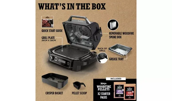 Ninja OG701UKPELKIT Woodfire Electric BBQ Grill & Smoker with Woodfire BBQ Pellets_box contents