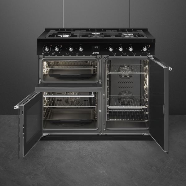 Smeg CX103GMBL 100cm Concert Dual Fuel Range Cooker in Black_ front view all doors open