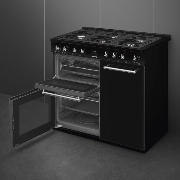 Smeg CX103GMBL 100cm Concert Dual Fuel Range Cooker in Black_ side view doors open