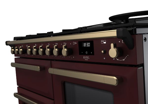 Rangemaster 18105 Estel Deluxe 110 Dual Fuel Range Cooker in Bordeaux with Antique Brass Trim - ESDLO110DFPBOR/AB1_controls