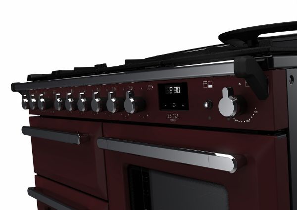 Rangemaster 15149 Estel Deluxe 110 Dual Fuel Range Cooker in Bordeaux with Chrome Trim - ESDLO110DFPBOR/CM1_controls