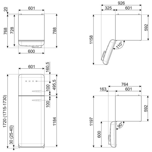 Smeg FAB30LRD5UK 60cm 50s Style Fridge Freezer Left Hand Hinge In Red_dimensions