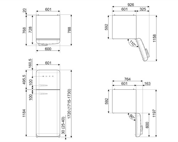 Smeg FAB30RPK5 60cm 50s Style Fridge Freezer Right Hand Hinge In Pink_dimensions
