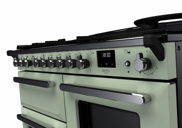 Rangemaster 15153 Estel Deluxe 110 Dual Fuel Range Cooker with Proving Drawer in Mint with Chrome Trim - ESDLO110DFPMNT/CM1_controls