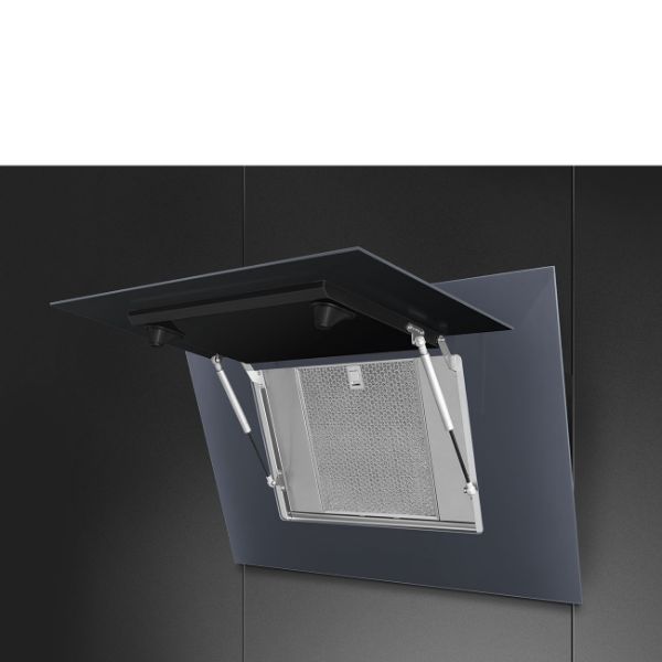 Smeg KV194G 90cm Linea Angled Chimney Auto-Vent 2.0 Hood Neptune Grey open