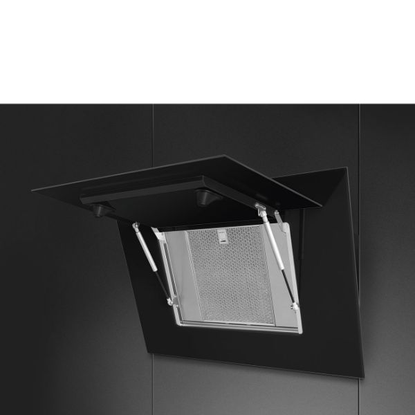 Smeg KV194B3 90cm Linea Angled Chimney Auto-Vent 2.0 Hood Midnight Black open