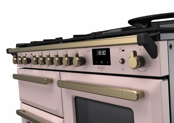 Rangemaster 18107 Estel Deluxe 110 Dual Fuel Range Cooker with Proving Drawer in Pale Pink with Antique Brass Trim - ESDLO110DFPPPK/AB1_controls