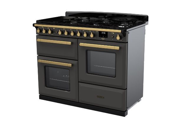 Rangemaster 18103 Estel Deluxe 110 Dual Fuel Range Cooker with Proving Drawer in Slate with Antique Brass Trim - ESDLO110DFPSLT/AB1_angled