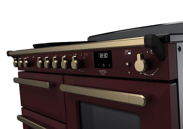 Rangemaster 18126 Estel Deluxe 110 Induction Range Cooker with Proving Drawer in Bordeaux with Antique Brass Trim - ESDLO110EIPBOR/AB1_controls