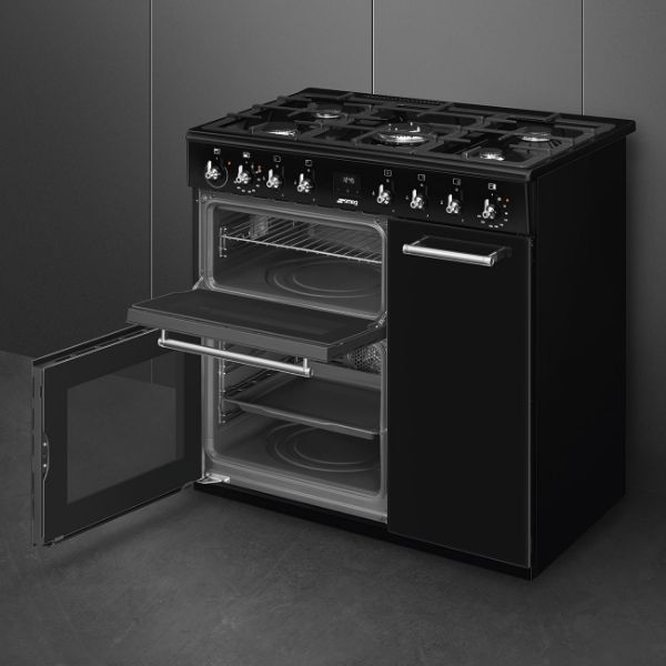 Smeg CX93GMBL 90cm Concert Dual Fuel Range Cooker in Black_ side view oven open