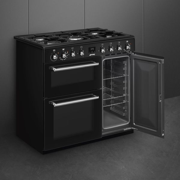 Smeg CX93GMBL 90cm Concert Dual Fuel Range Cooker in Black_ side view 3rd oven open