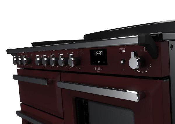 Rangemaster 15200 Estel Deluxe 110 Dual Fuel Range Cooker with Proving Drawer in Bordeaux with Chrome Trim - ESDLO110EIPBOR/CM1_controls