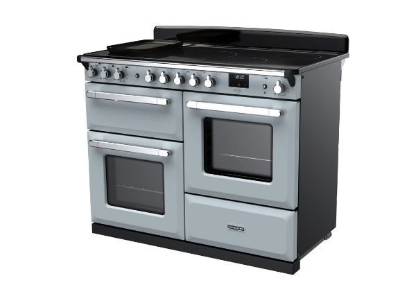 Rangemaster 15202 Estel Deluxe 110 Induction Range Cooker with Proving Drawer in Misty Blue with Chrome Trim - ESDLO110EIPMSB/CM1_angled