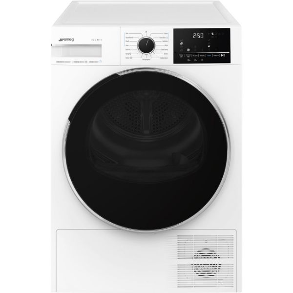 Smeg DNP83SEUK 60cm 8kg Heat Pump Condenser Tumble Dryer In White _ front view