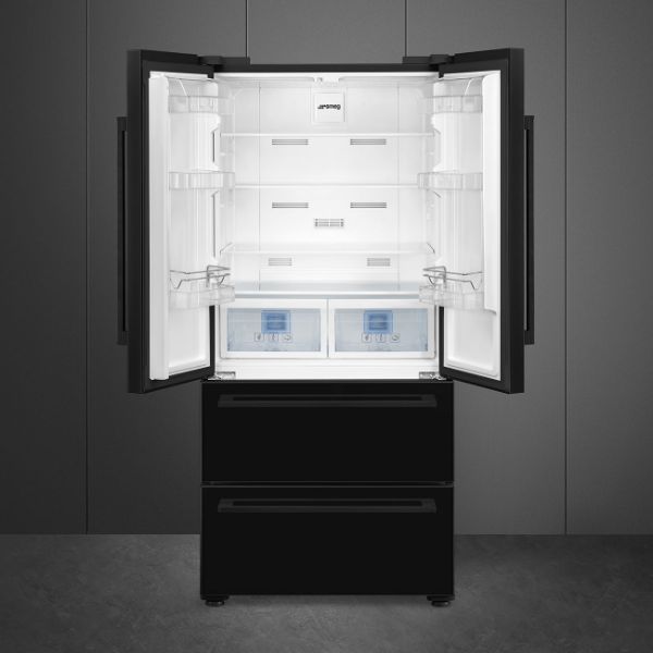 Smeg FQ55FNDE 84cm Two Door Two Drawer Fridge Freezer Black open