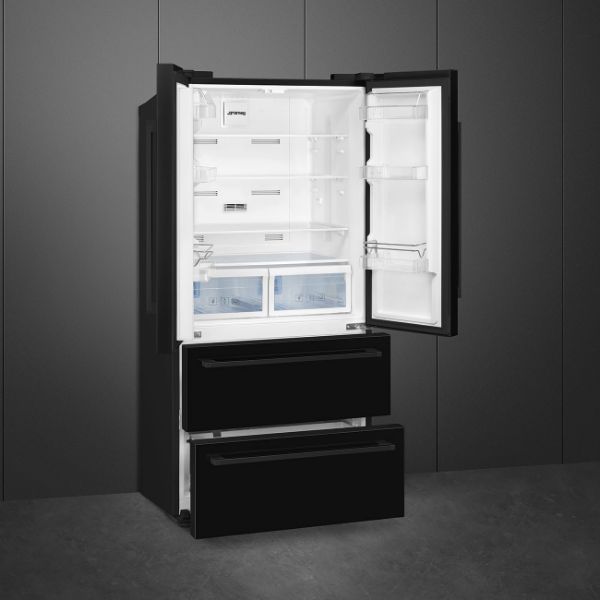 Smeg FQ55FNDE 84cm Two Door Two Drawer Fridge Freezer Black open 2