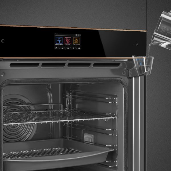 SOP6604S2PNR 60cm Dolce Stil Novo Pyrolytic SteamOne Oven Copper Trim controls