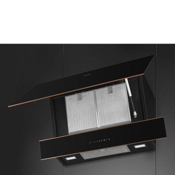 Smeg KV694R 90cm Dolce Stil Novo Angled Chimney Auto-Vent 2.0 Hood open