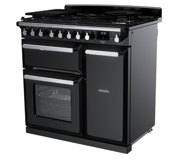 Rangemaster 14976 Estel Deluxe 90 Dual Fuel Range Cooker in Gloss Black with Chrome Trim - ESDL90DFPGBL/CM1_angled