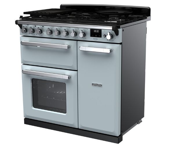 Rangemaster 14981 Estel Deluxe 90 Dual Fuel Range Cooker in Misty Blue with Chrome Trim - ESDL90DFPMSB/CM1_angled