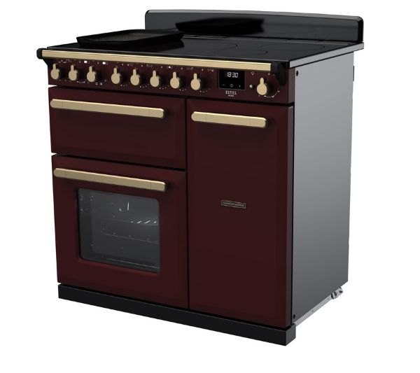 Rangemaster 18056 Estel Deluxe 90 Induction Range Cooker in Bordeaux with Antique Brass Trim - ESDL90EIPBOR/AB1_angled