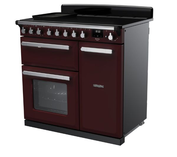 Rangemaster 15030 Estel Deluxe 90 Induction Range Cooker in Bordeaux with Chrome Trim - ESDL90EIPBOR/CM1_angled