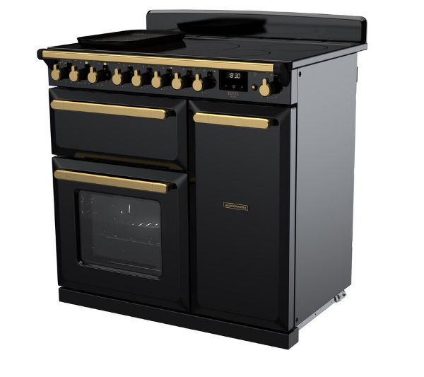 Rangemaster 18053 Estel Deluxe 90 Induction Range Cooker in Gloss Black with Antique Brass Trim - ESDL90EIPGBL/AB1_angled