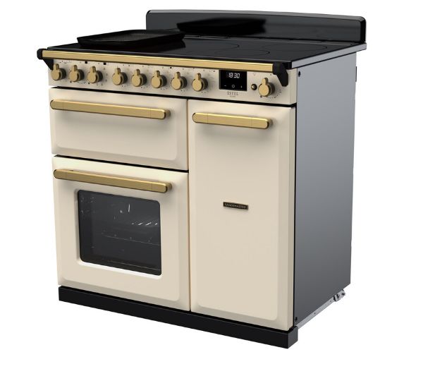 Rangemaster 18055 Estel Deluxe 90 Induction Range Cooker in Pale Cream with Antique Brass Trim - ESDL90EIPPCR/AB1_angled view