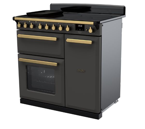 Rangemaster 18054 Estel Deluxe 90 Induction Range Cooker in Slate with Antique Brass Trim - ESDL90EIPSLT/AB1_angled