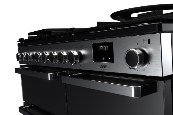 Rangemaster Edge Deluxe 100 Dual Fuel Range Cooker in Black Glass with Chrome Trim - EDDL100DFGBLK/CM1_controls