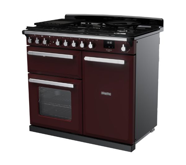 Rangemaster Estel Deluxe 100 Dual Fuel Range Cooker in Bordeaux with Chrome Trim - ESDL100DFPBOR/CM1_angled
