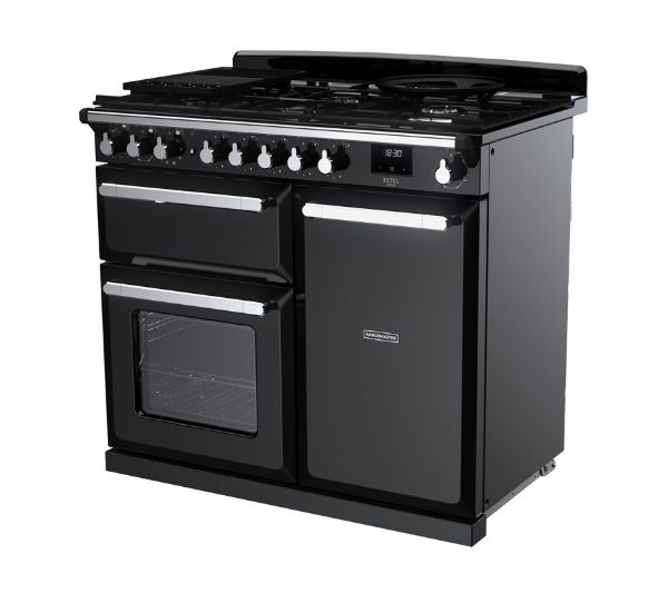 Rangemaster 15078 Estel Deluxe 100 Dual Fuel Range Cooker in Gloss Black with Chrome Trim - ESDL100DFPGBL/CM1_angled