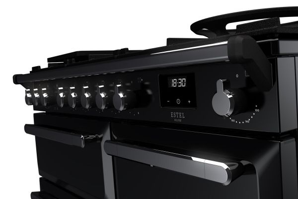 Rangemaster 15078 Estel Deluxe 100 Dual Fuel Range Cooker in Gloss Black with Chrome Trim - ESDL100DFPGBL/CM1_controls
