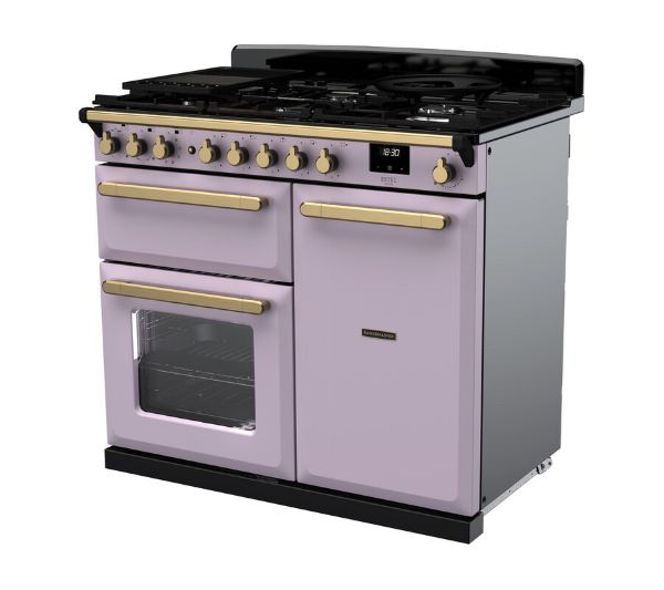 Rangemaster 18233 Estel Deluxe 100 Dual Fuel Range Cooker in Heather with Antique Brass Trim - ESDL100DFPHTH/AB1_angled